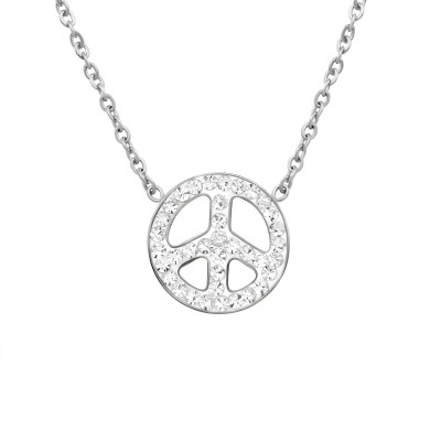 High Polish Surgical Steel Peace Sign Necklace with Crystal