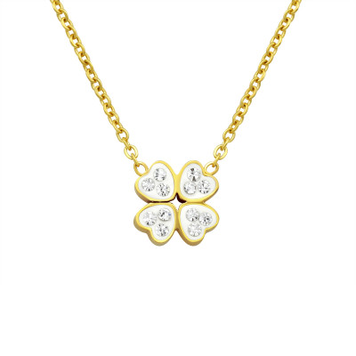 Gold Surgical Steel Lucky Clover Necklace with Crystal