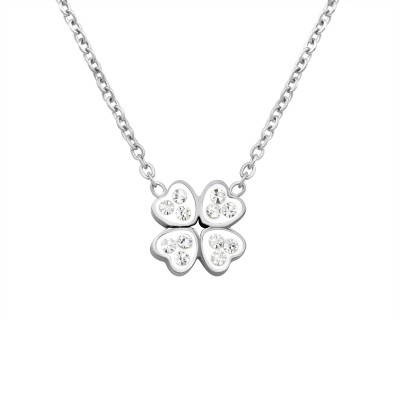 High Polish Surgical Steel Lucky Clover Necklace with Crystal