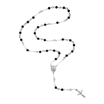 High Polish Surgical Steel Rosary Cross with Medallion Necklace