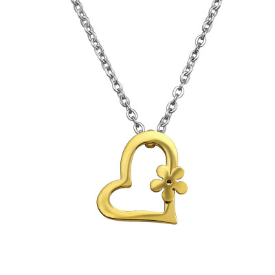 Gold and High Polish Surgical Steel Flower Heart Necklace