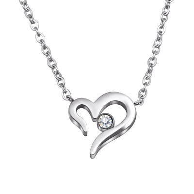  High Polish Surgical Steel Heart Necklace with Crystal