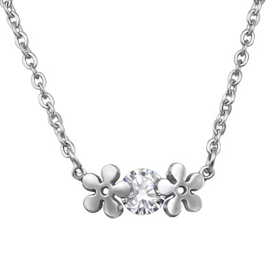 High Polish Surgical Steel Flower Necklace with Cubic Zirconia