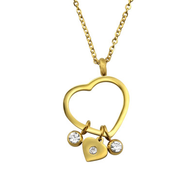 Hanging Heart Stainless Steel Necklace with Cubic Zirconia and Crystal