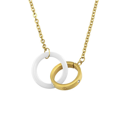 Gold Surgical Steel Double Ring Necklace with Crystal and Ceramic