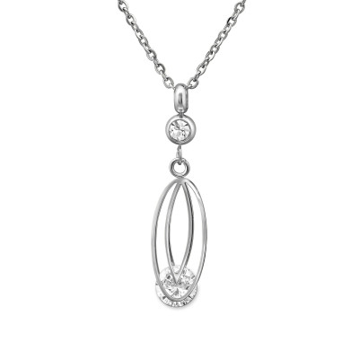 Overlapping Double Oval Stainless Steel Necklace with Cubic Zirconia and Crystal