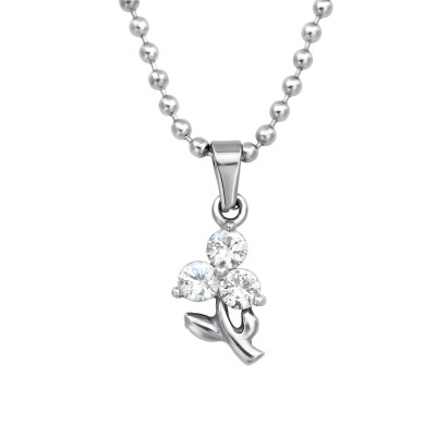 High Polish Surgical Steel Flower Necklace with Cubic Zirconia