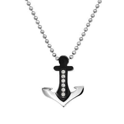 High Polish and Black Surgical Steel Anchor Necklace with Crystal