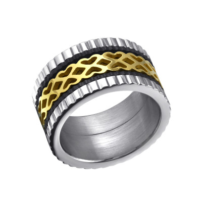 High Polish, Black and Gold Surgical Steel Patterned Ring