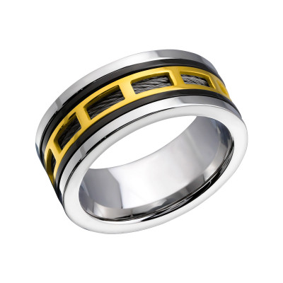 Gold, Black and High Polish Steel Band Ring