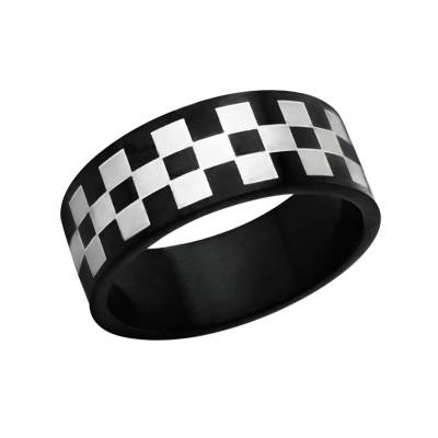 Black and High Polish Surgical Steel Checkered Ring