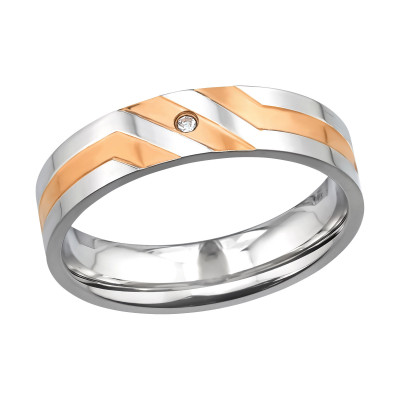 High Polish and Rose Gold Surgical Steel Band Ring with Crystal