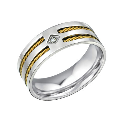 High Polish and Gold Surgical Steel Band Ring with Cubic Zirconia