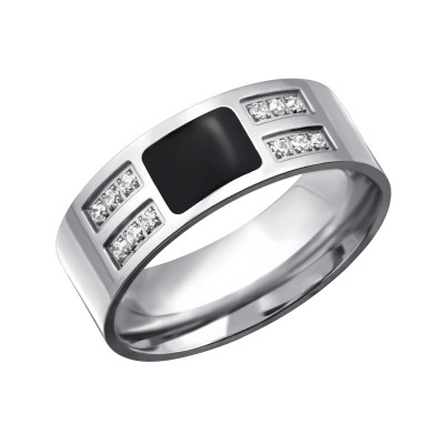 High Polish and Black Surgical Steel Patterned Ring with Cubic Zirconia