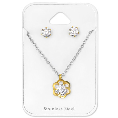 Jewelled Flower Stainless Steel Set and Jewelry on Card with Cubic Zirconia