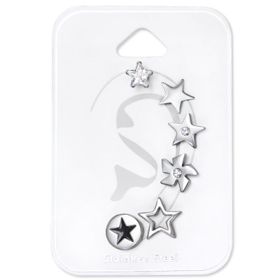 Star Assortment Stainless Steel Set and Jewelry on Card with Cubic Zirconia