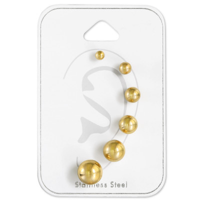 Graduated Gold Ball Studs Stainless Steel Set and Jewelry on Card