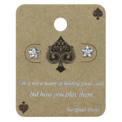 High Polish Surgical Steel Star 5mm Ear Studs with Cubic Zirconia on Display Card