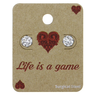 High Polish Surgical Steel Round 6mm Ear Studs with Cubic Zirconia on Life is a game Card