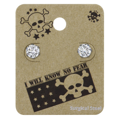 High Polish Surgical Steel Round 6mm Ear Studs with Cubic Zirconia on Skull Card