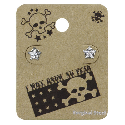 High Polish Surgical Steel Star 5mm Ear Studs with Cubic Zirconia on Skull Card