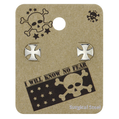 High Polish Surgical Steel Cross Ear Studs on Skull Card