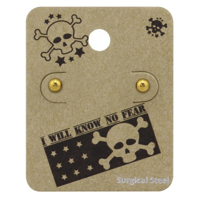 Gold Surgical Steel Ball 4mm Ear Studs on Skull Card