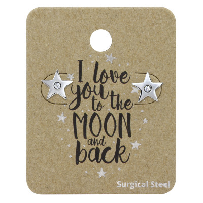 High Polish Surgical Steel Star Ear Studs with Crystal on Love you to the moon and back Card