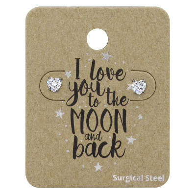 High Polish Surgical Steel Heart 4mm Ear Studs with Cubic Zirconia on Love you to the moon and back Card