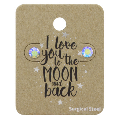 High Polish Surgical Steel Round 5mm Ear Studs with Crystal on Love you to the moon and back Card