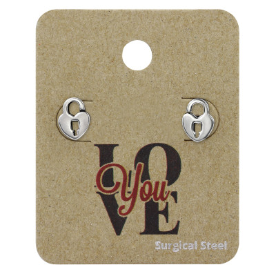 High Polish Surgical Steel Heart Padlock Ear Studs on LOVE You Card