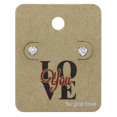 High Polish Surgical Steel Heart 4mm Ear Studs with Cubic Zirconia on Love You Card