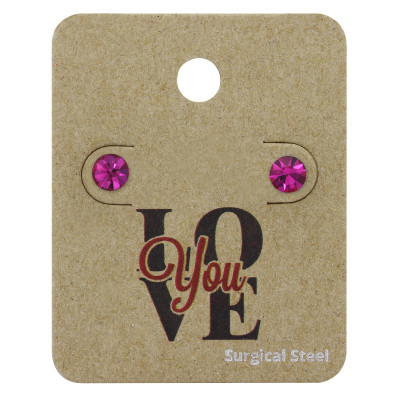 High Polish Surgical Steel Round 5mm Ear Studs with Crystal on LOVE You Card