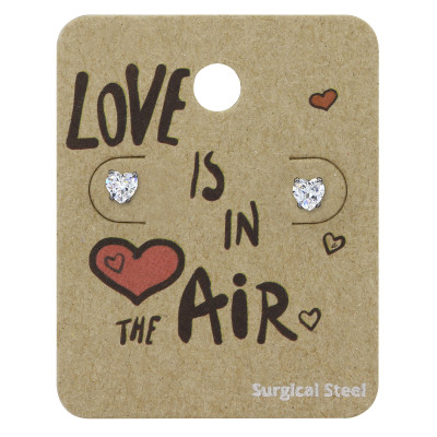 High Polish Surgical Steel Heart 4mm Ear Studs with Cubic Zirconia on Love is in the Air Card