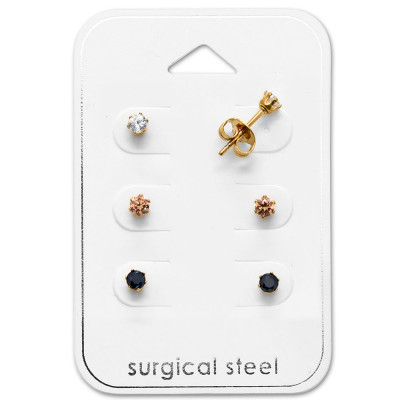 Gold Surgical Steel Round 3mm Set with Cubic Zirconia on Card