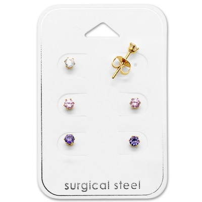 Gold Surgical Steel Round 3mm Set on Cubic Zirconia on Card