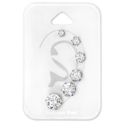 High Polish Surgical Steel Graduated CZ Studs Set with Cubic Zirconia on Card