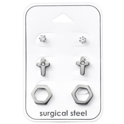 High Polish Surgical Steel Cross Set with Cubic Zirconia and Crystal on Card