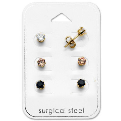 Gold Surgical Steel Round 4mm Set with Cubic Zirconia Round Set on Card