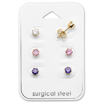 Gold Surgical Steel Round 4mm Set with Cubic Zirconia on Card