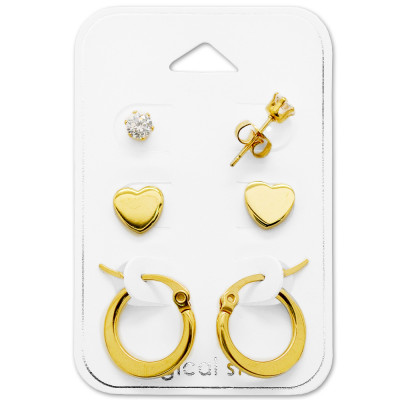 Gold Surgical Steel Heart Set with Cubic Zirconia on Card