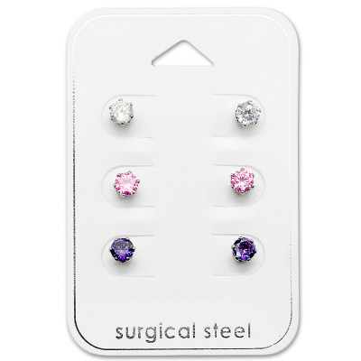 High Polish Surgical Steel Round 4mm Set with Cubic Zirconia on Card