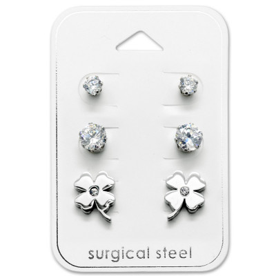 High Polish Surgical Steel Flower Set with Cubic Zirconia on Card