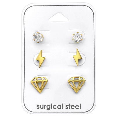 Gold Steel Diamond Set with Cubic Zirconia on Card