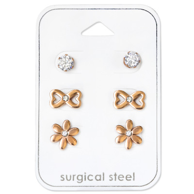 Rose Gold Surgical Steel Flower Set with Cubic Zirconia and Crystal on Card