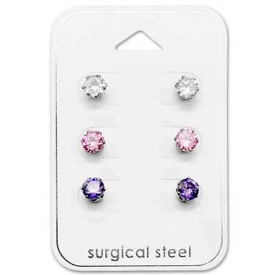 High Polish Surgical Steel Round 5mm Set with Cubic Zirconia on Card