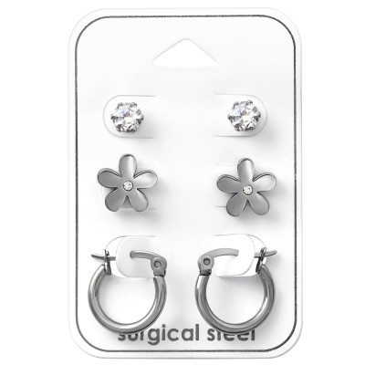 High Polish Surgical Steel Flower Set with Cubic Zirconia and Crystal on Card