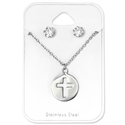 High Polish Surgical Steel Cross Set with Cubic Zirconia on Card