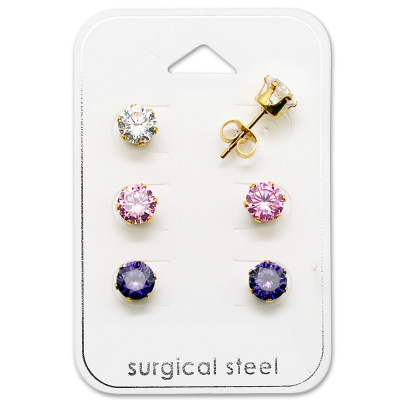 Gold Surgical Steel Round 6mm Set with Cubic Zirconia on Card