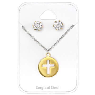 Gold Surgical Steel Cross Set with Cubic Zirconia on Card